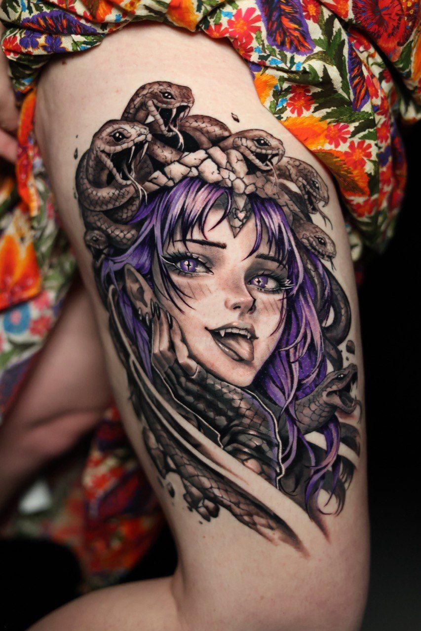 Medusa Gorgona anime tattoo thigh