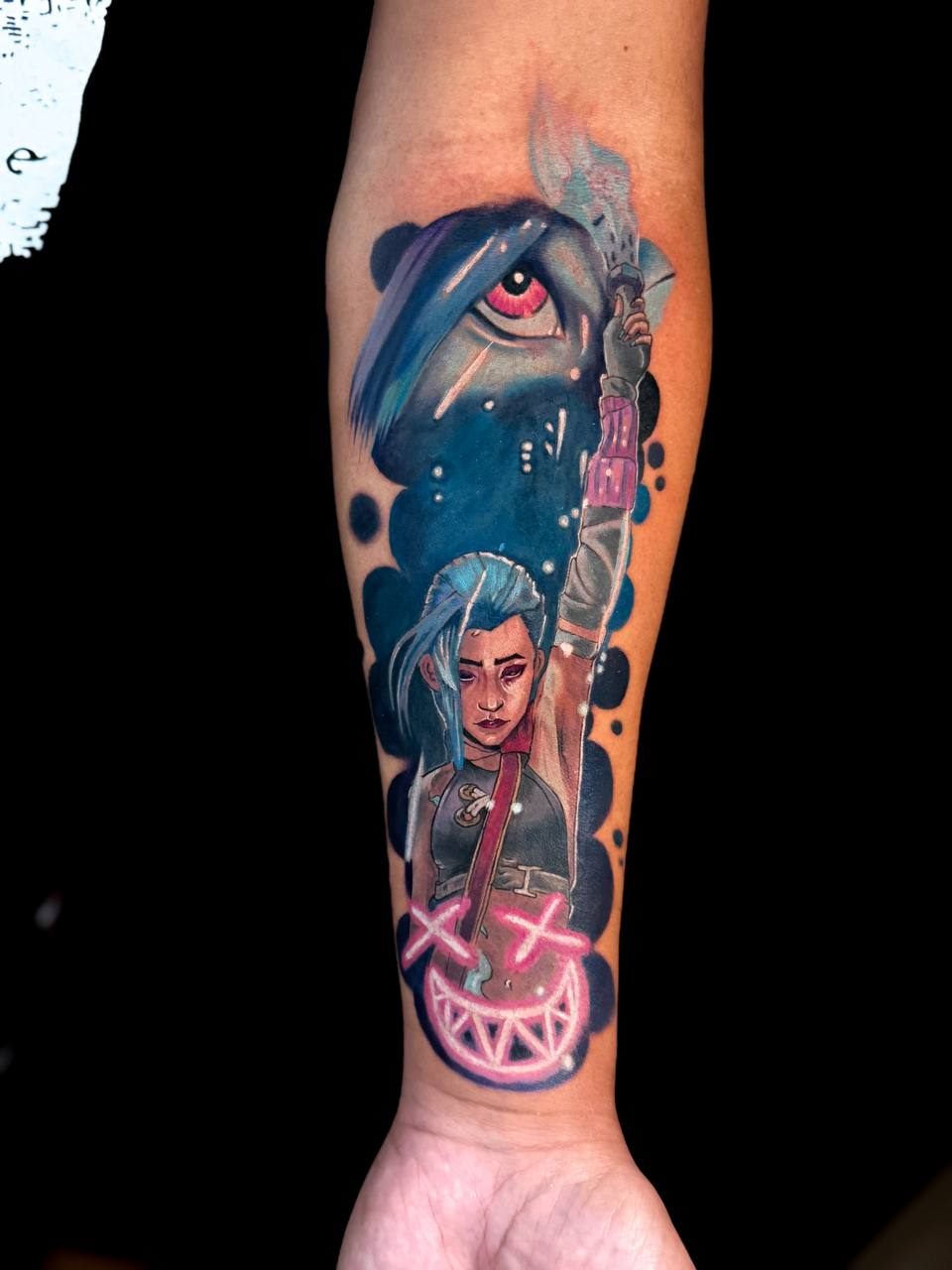 Jinx Arcane anime tattoo forearm