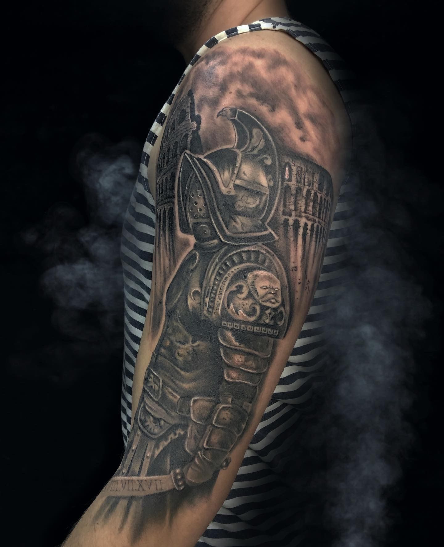 Gladiator realism black & gray sleeve tattoo