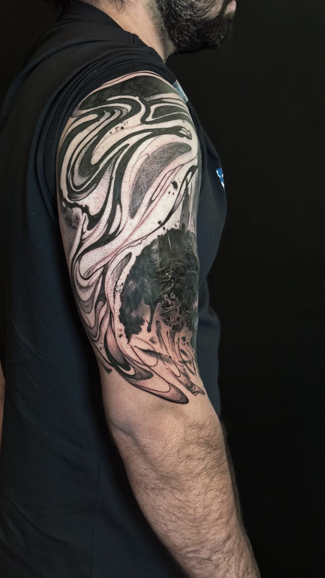 Before — abstract black sleeve cover-up, stage 1