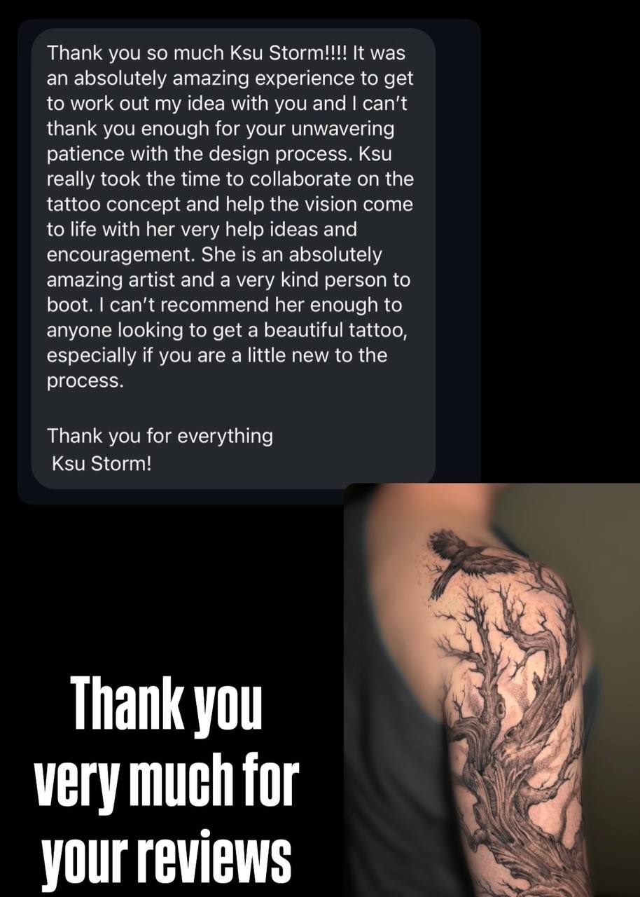 Client review — tree and bird sleeve tattoo