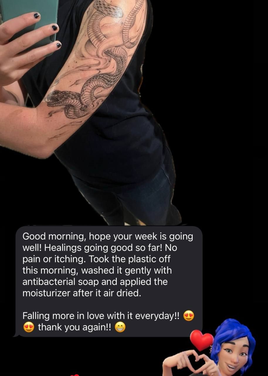 Client review — snake sleeve healing update