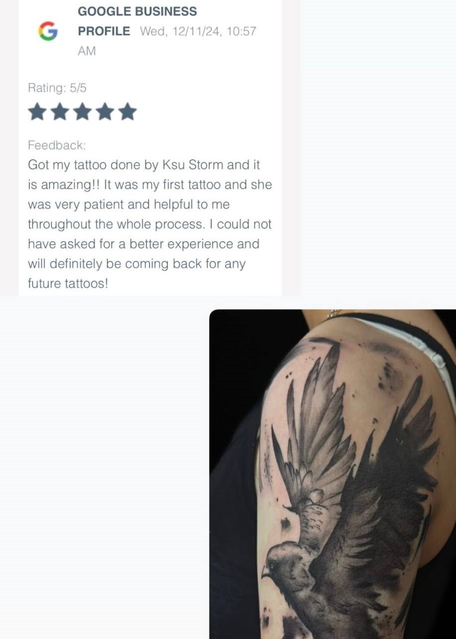 Google Business 5-star review — bird tattoo