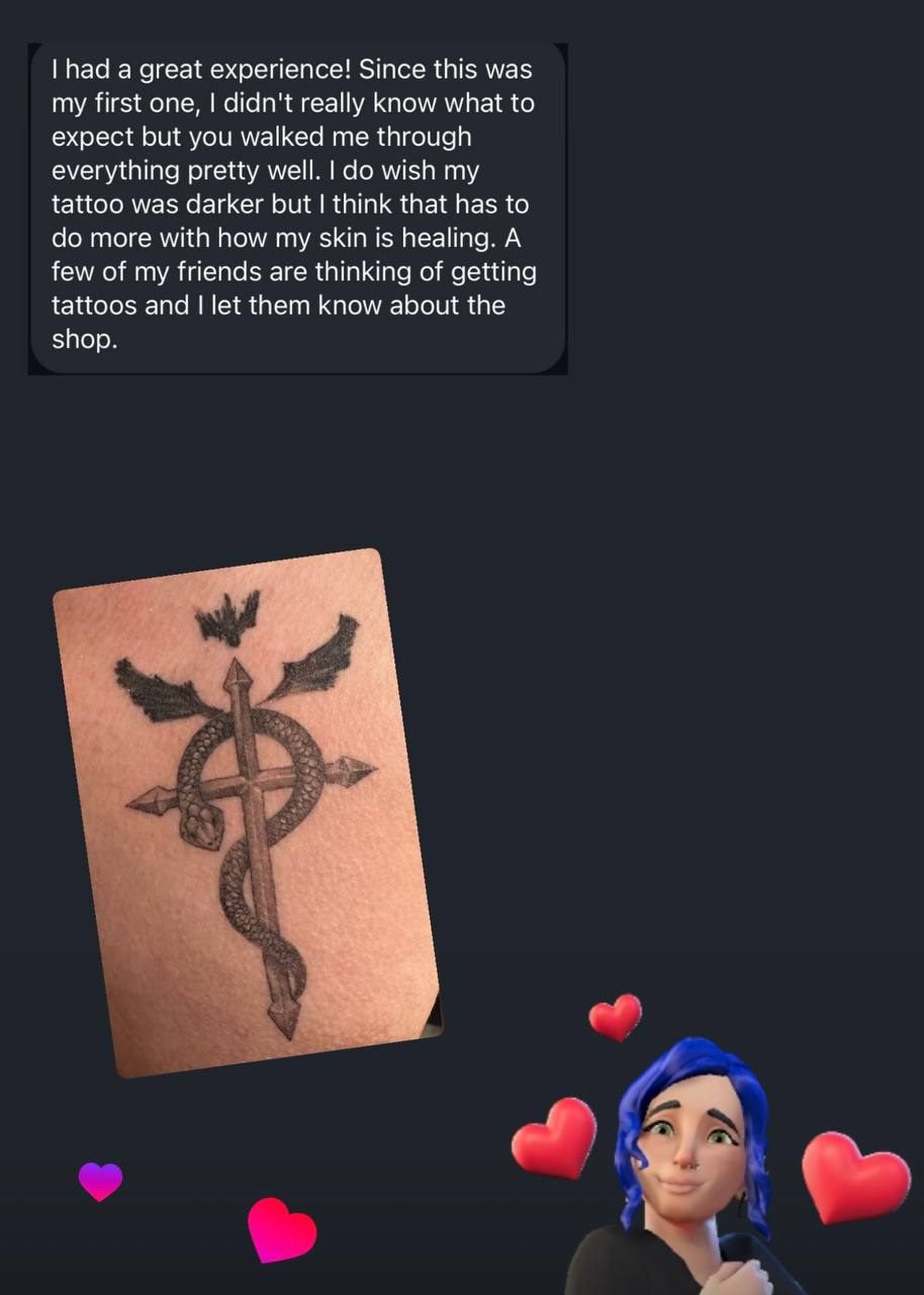 Client review — Fullmetal Alchemist cross tattoo