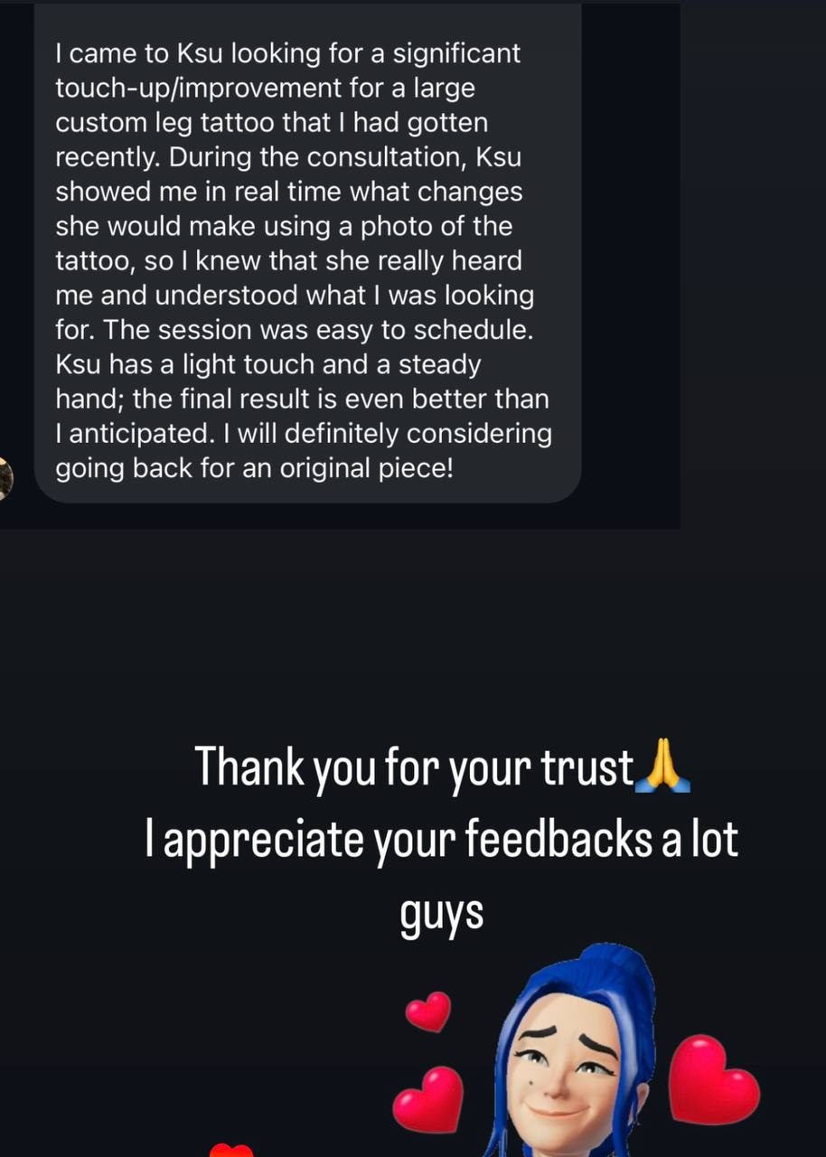 Client review — custom leg tattoo touch-up